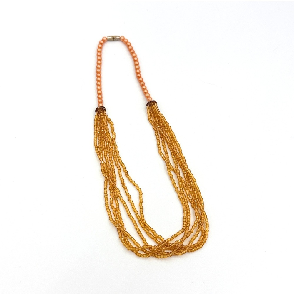 Vintage Amber Multi Strand Seed Bead Faux Pearl Necklace Orange Boho Jewelry